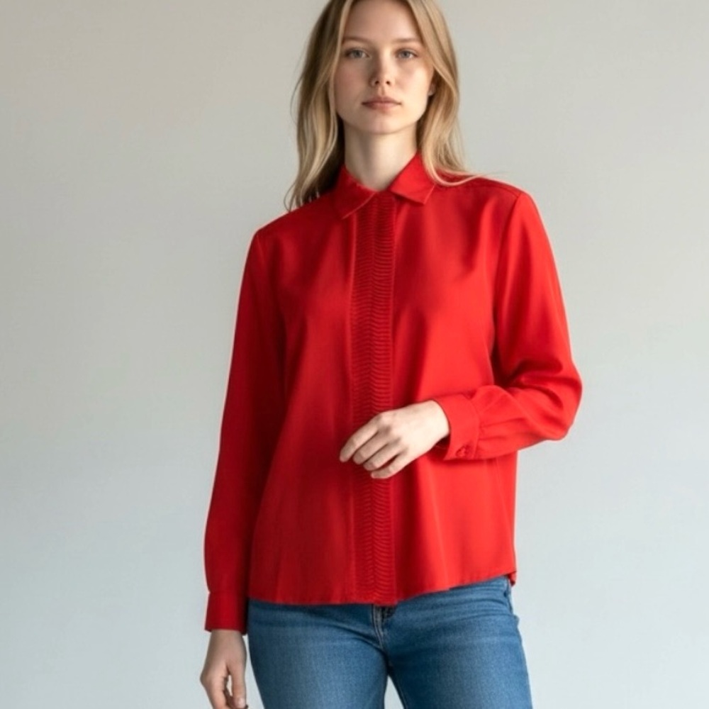 Vintage 80’s Red Collared Long-Sleeve Button Front Blouse Bedford Fare 6P USA